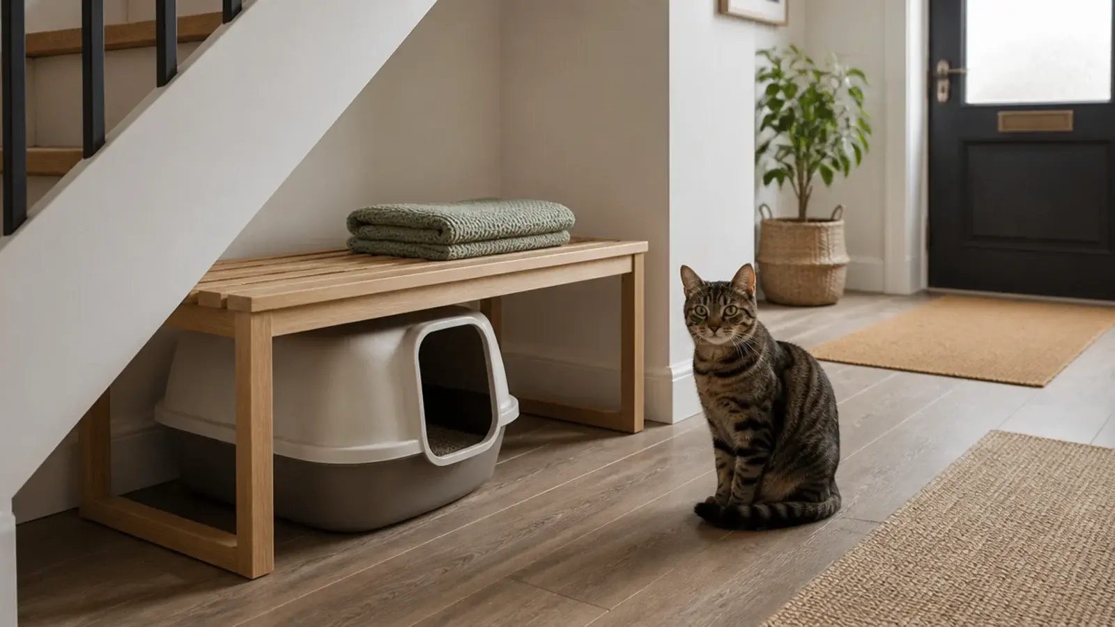 open slatted bench screening a cat litter tray beneath stairs