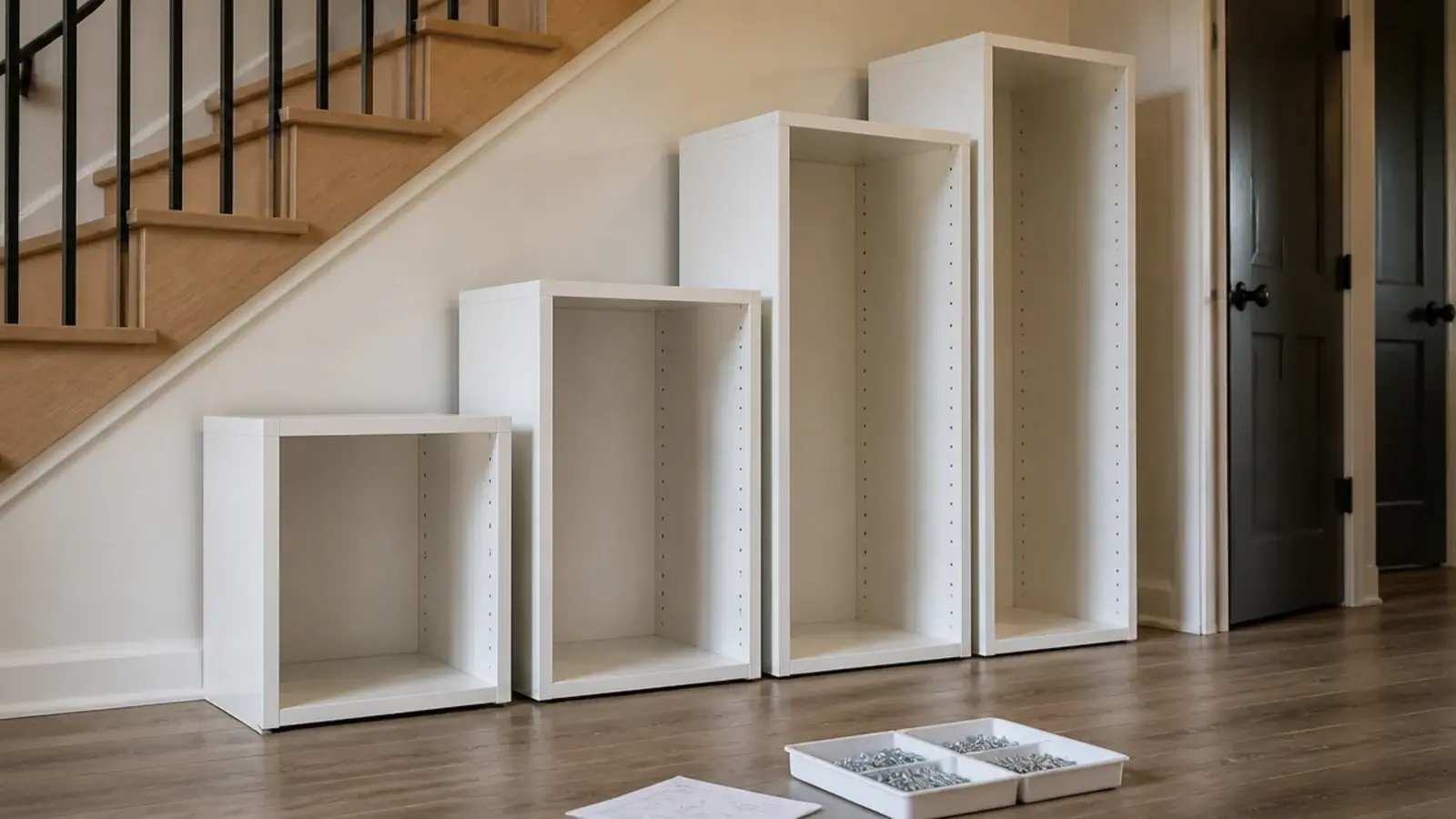 modular cabinet frames in four heights lined along a stair recess
