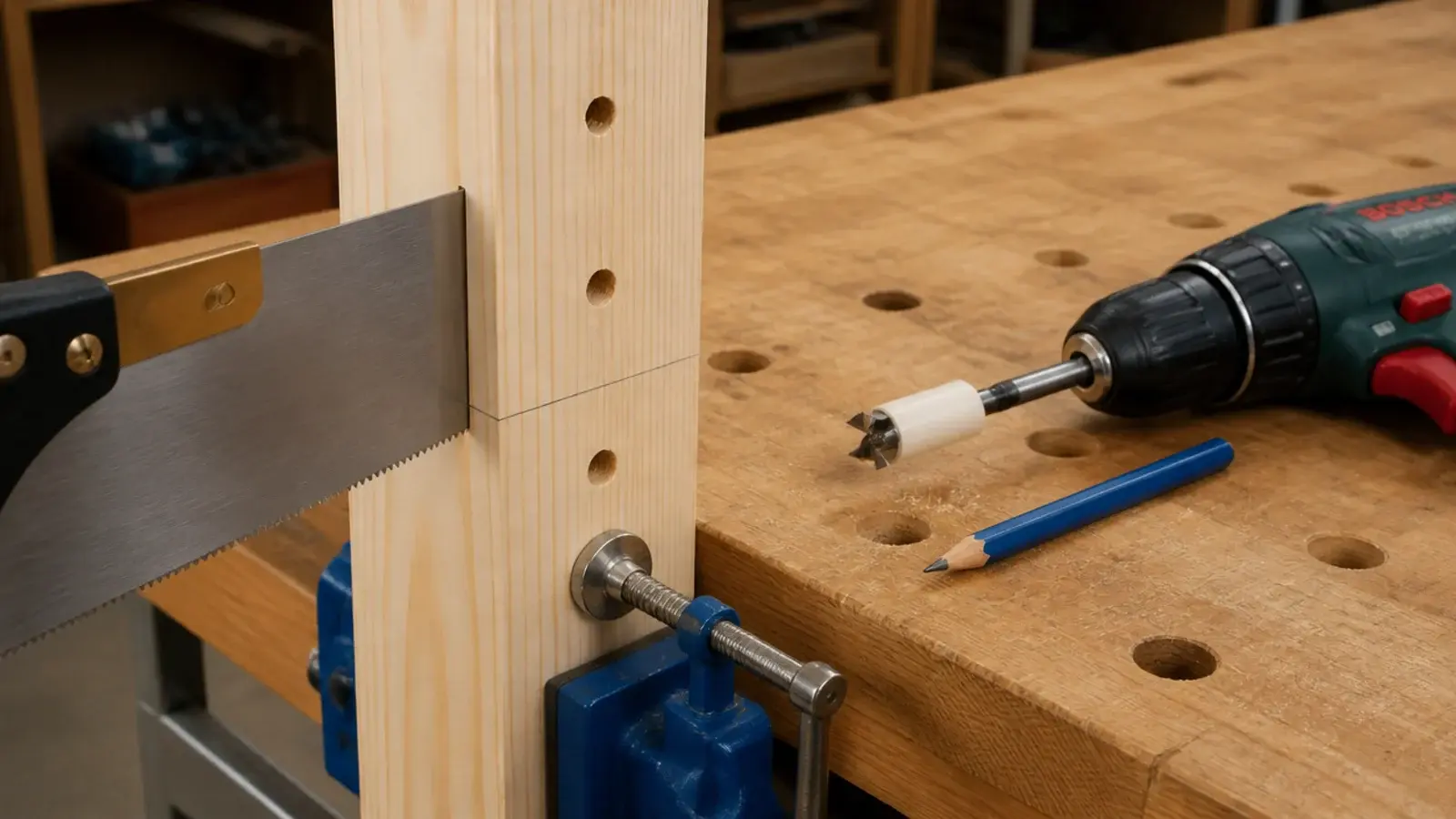 pine shelving upright being cut down with a handsaw in a hallway