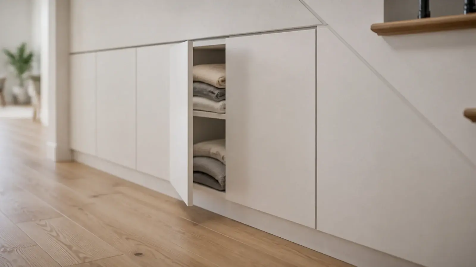 low handleless cabinet frames running along an under stairs wall