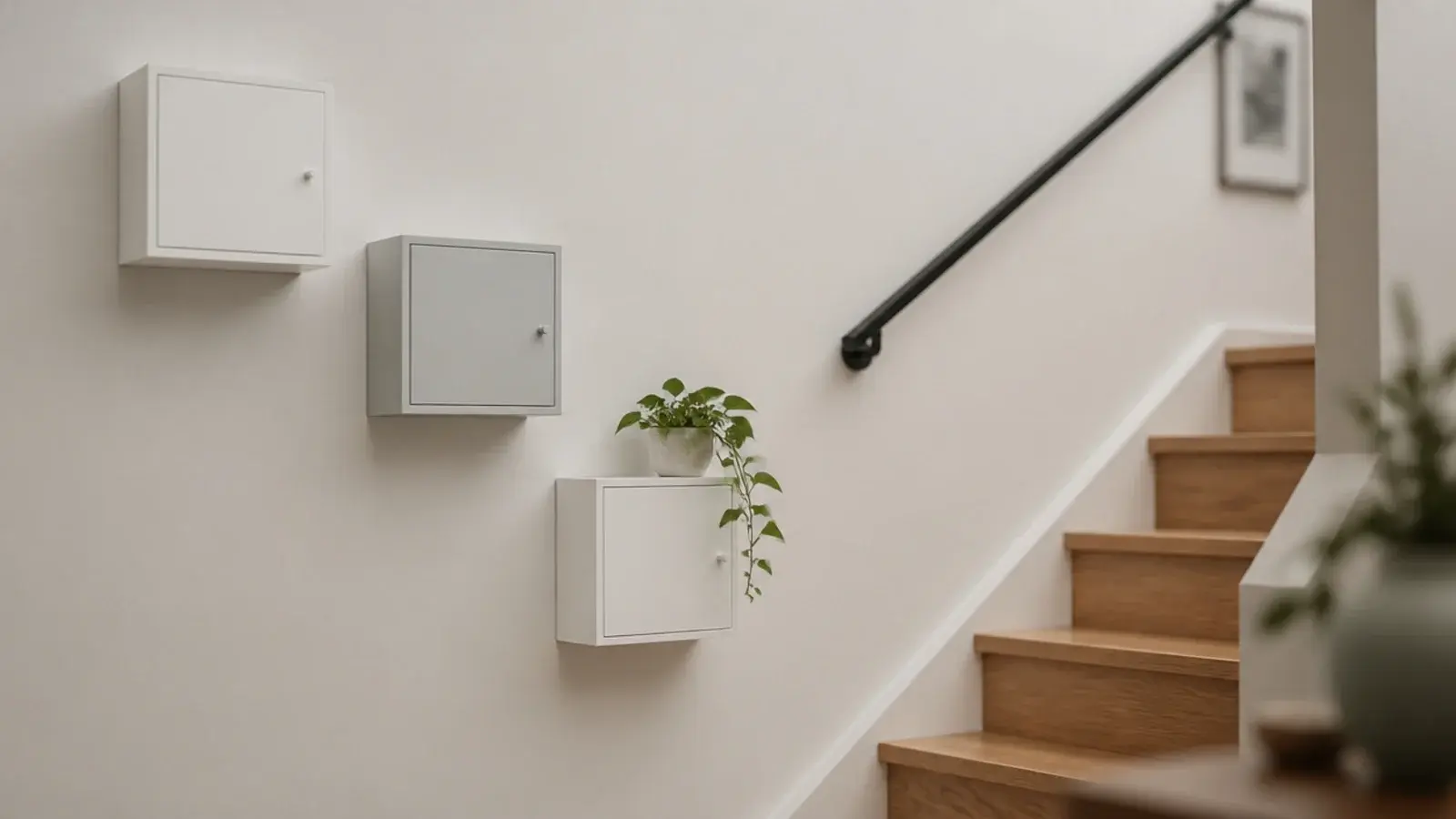 small square wall cabinets stepped down following a staircase line
