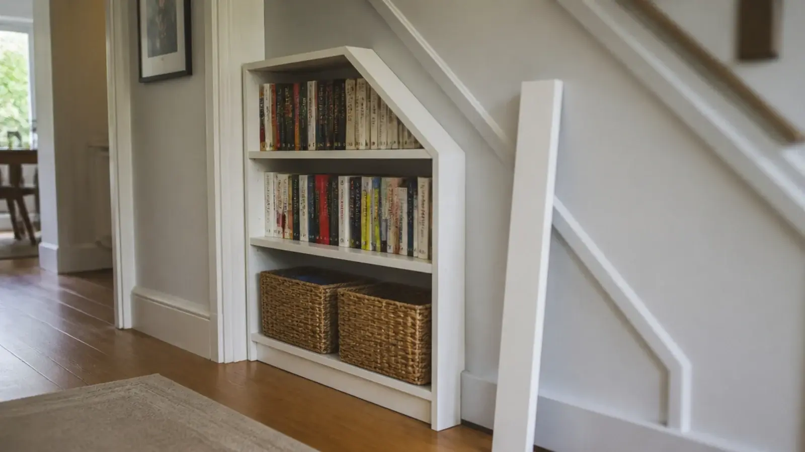 narrow bookcase cut shorter standing under a sloping stair ceiling