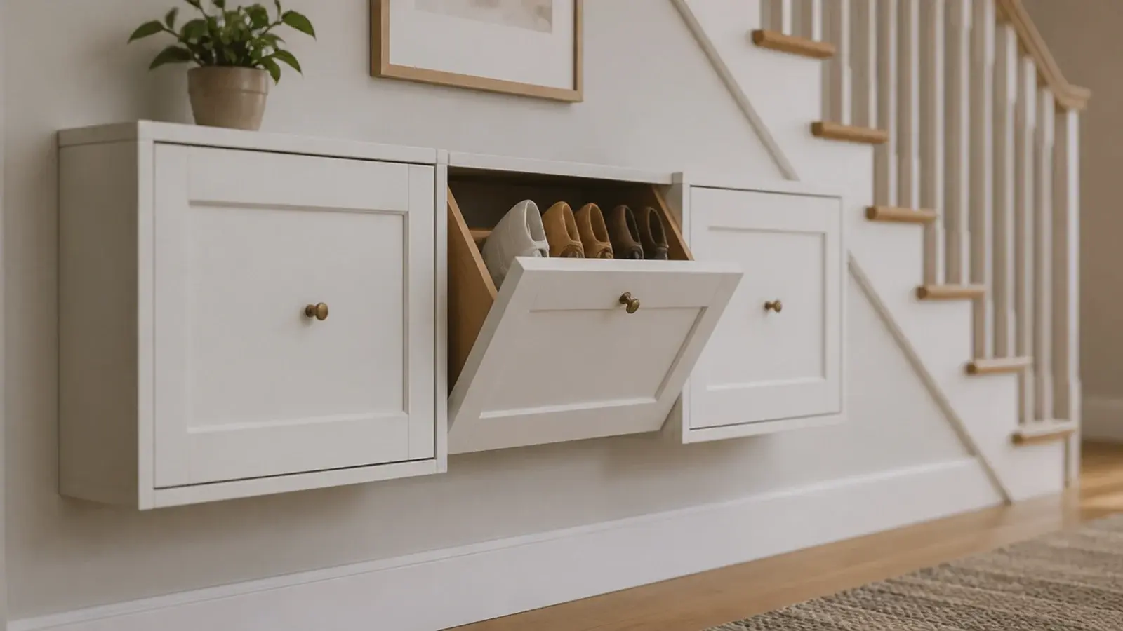 shallow tilting shoe cabinets mounted along a staircase side wall