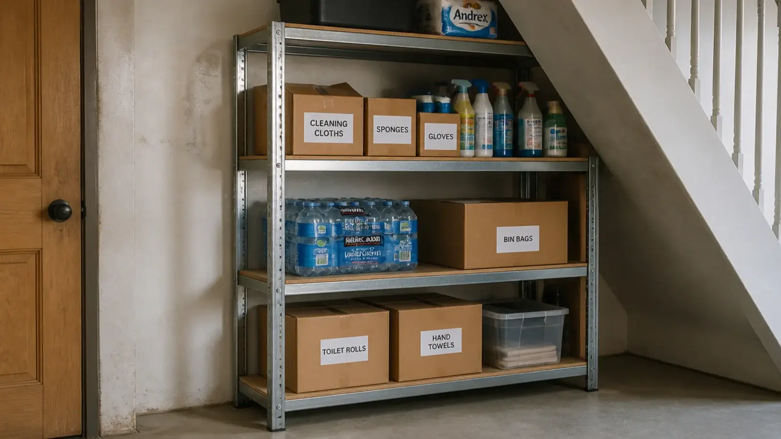 galvanised metal shelving unit loaded with boxes under a staircase