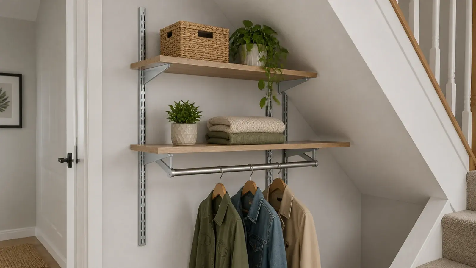 wall mounted rail and bracket system fitted under a stair soffit