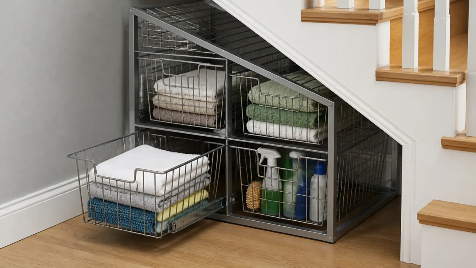 wire basket frame unit pulled out under the middle of a staircase