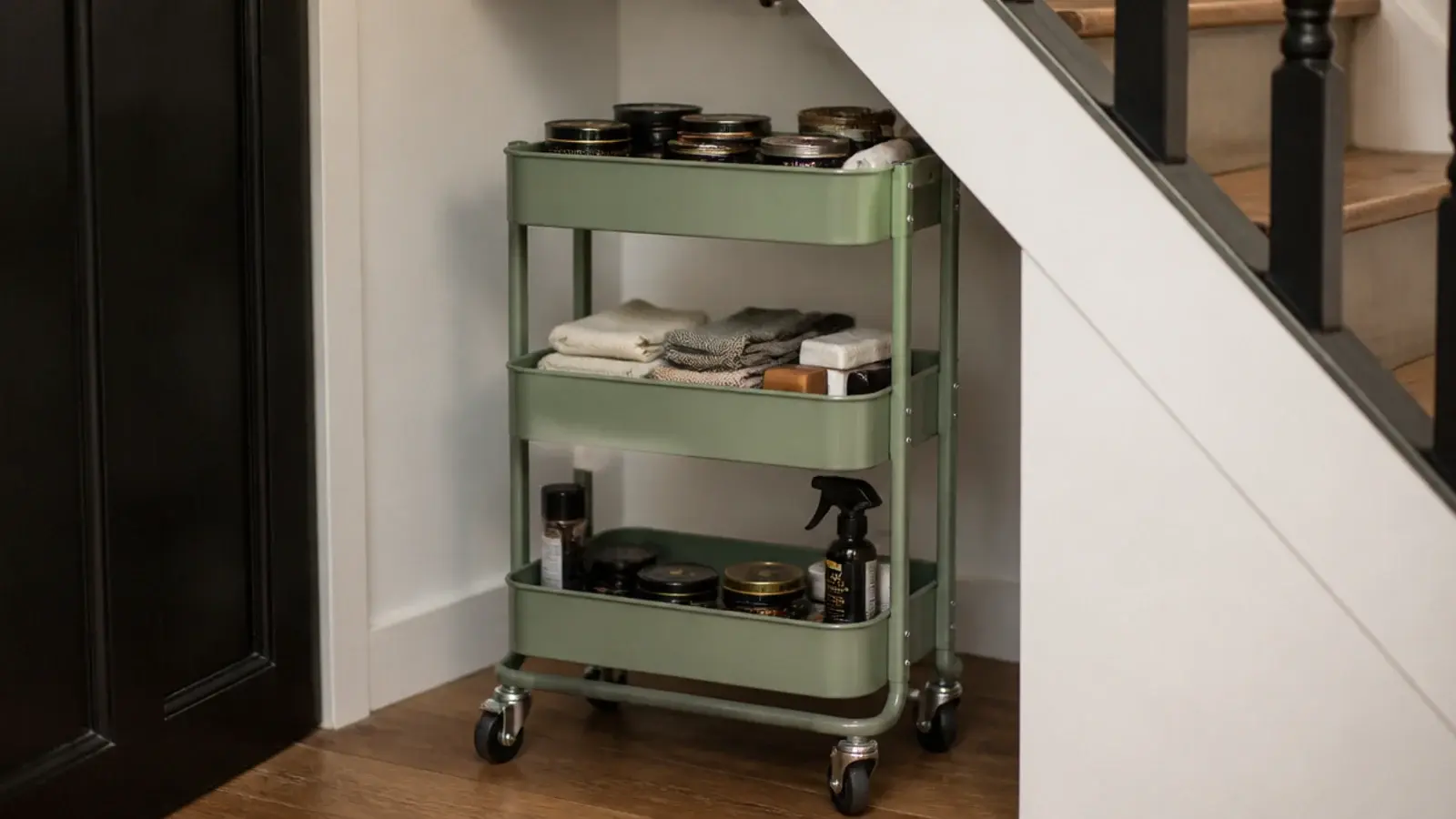 three tier utility trolley parked beneath a low stair section