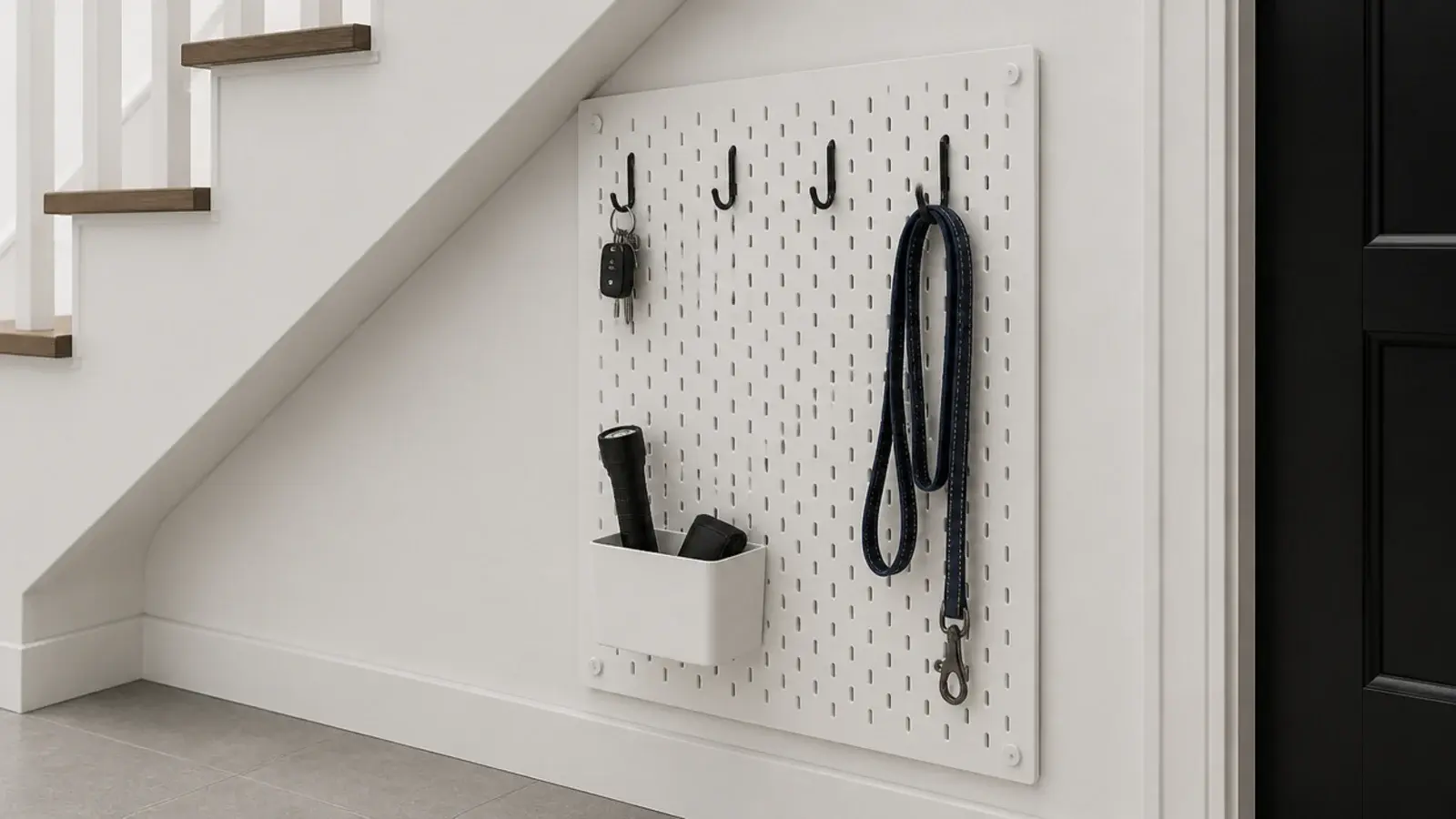 white pegboard panel with hooks fixed to a tall stair recess wall