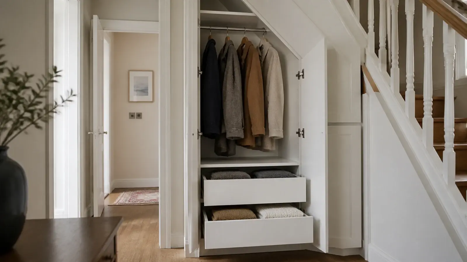 tall wardrobe frame with internal drawers fitted under a staircase