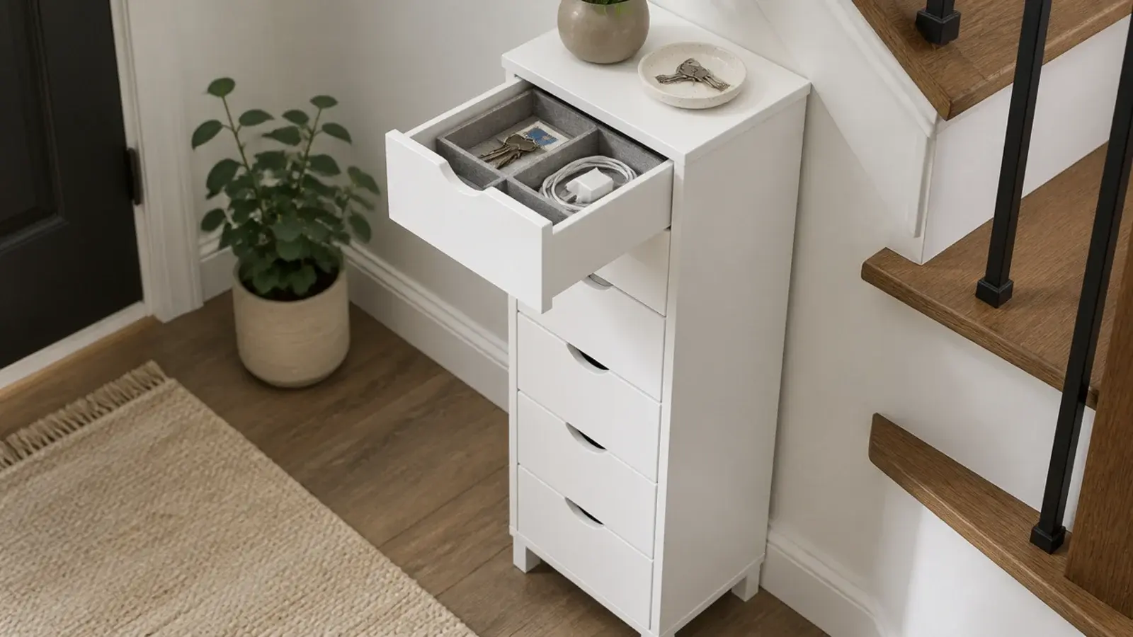 narrow multi drawer unit standing beside a staircase holding post