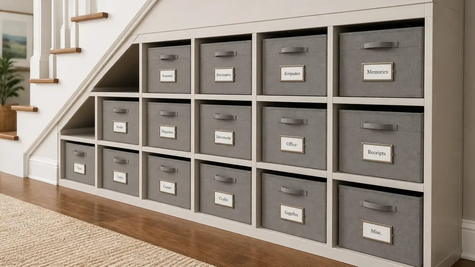 matching grey fabric boxes filling open cube shelving under stairs