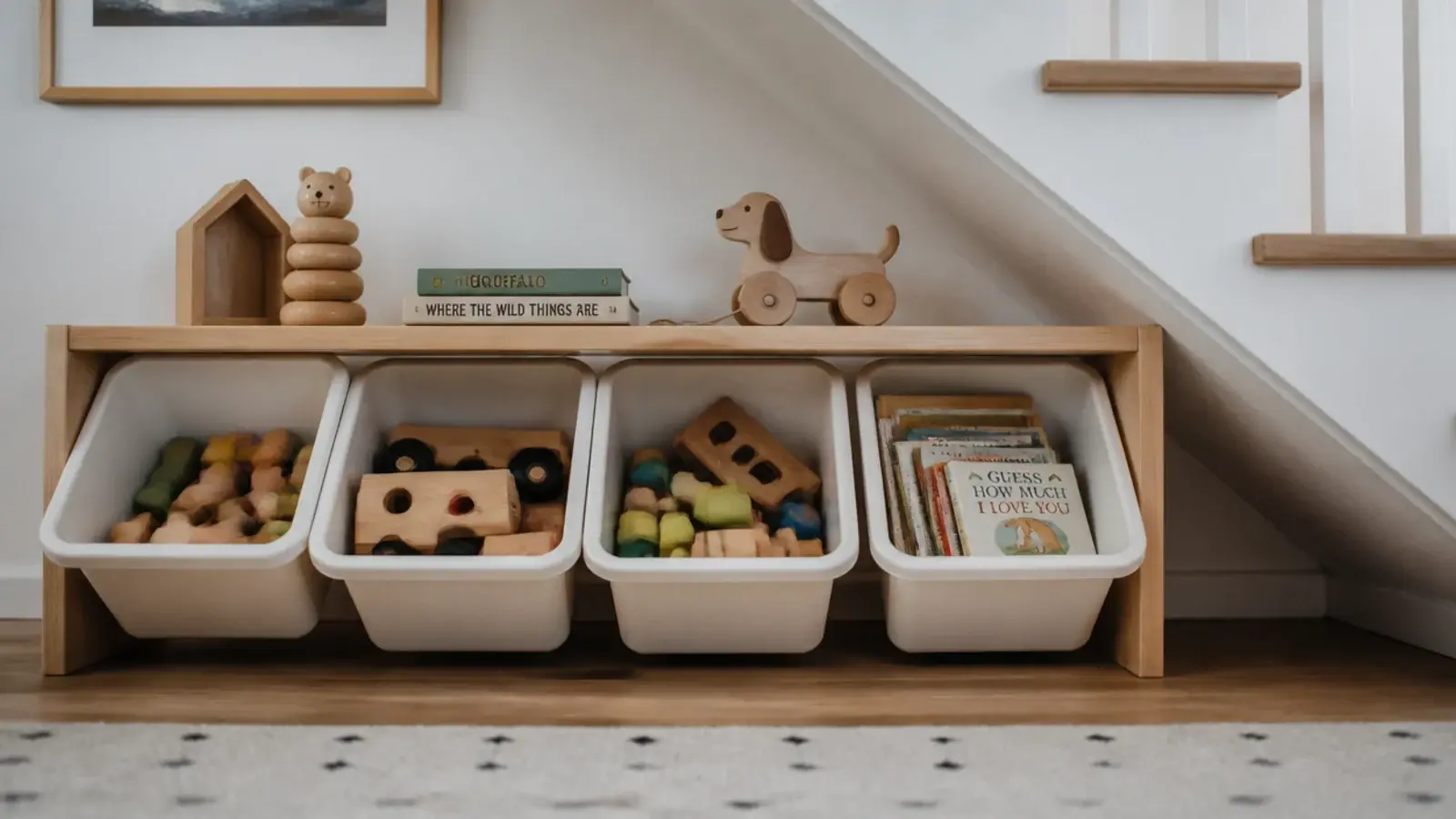 childrens storage frame with tilting boxes set under low treads