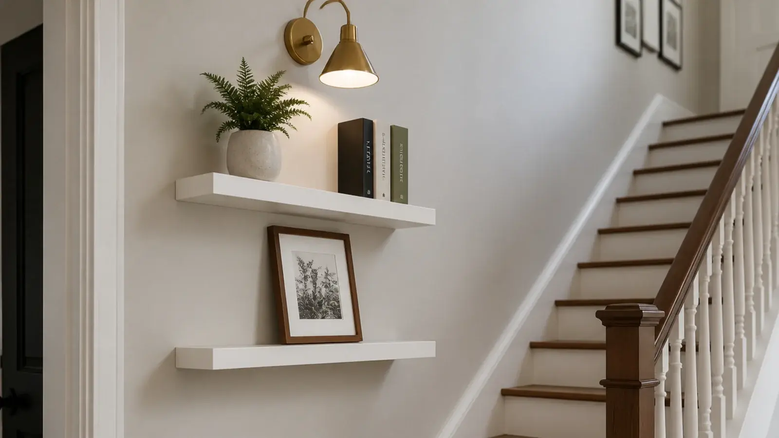 plain floating shelves mounted on the side wall of a staircase