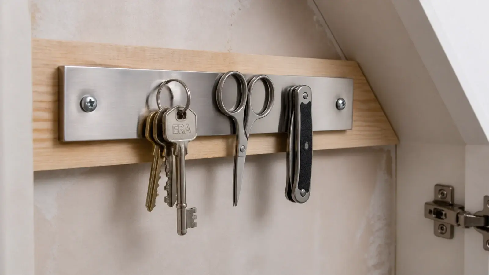 magnetic strip holding keys and small tools inside a stair cupboard