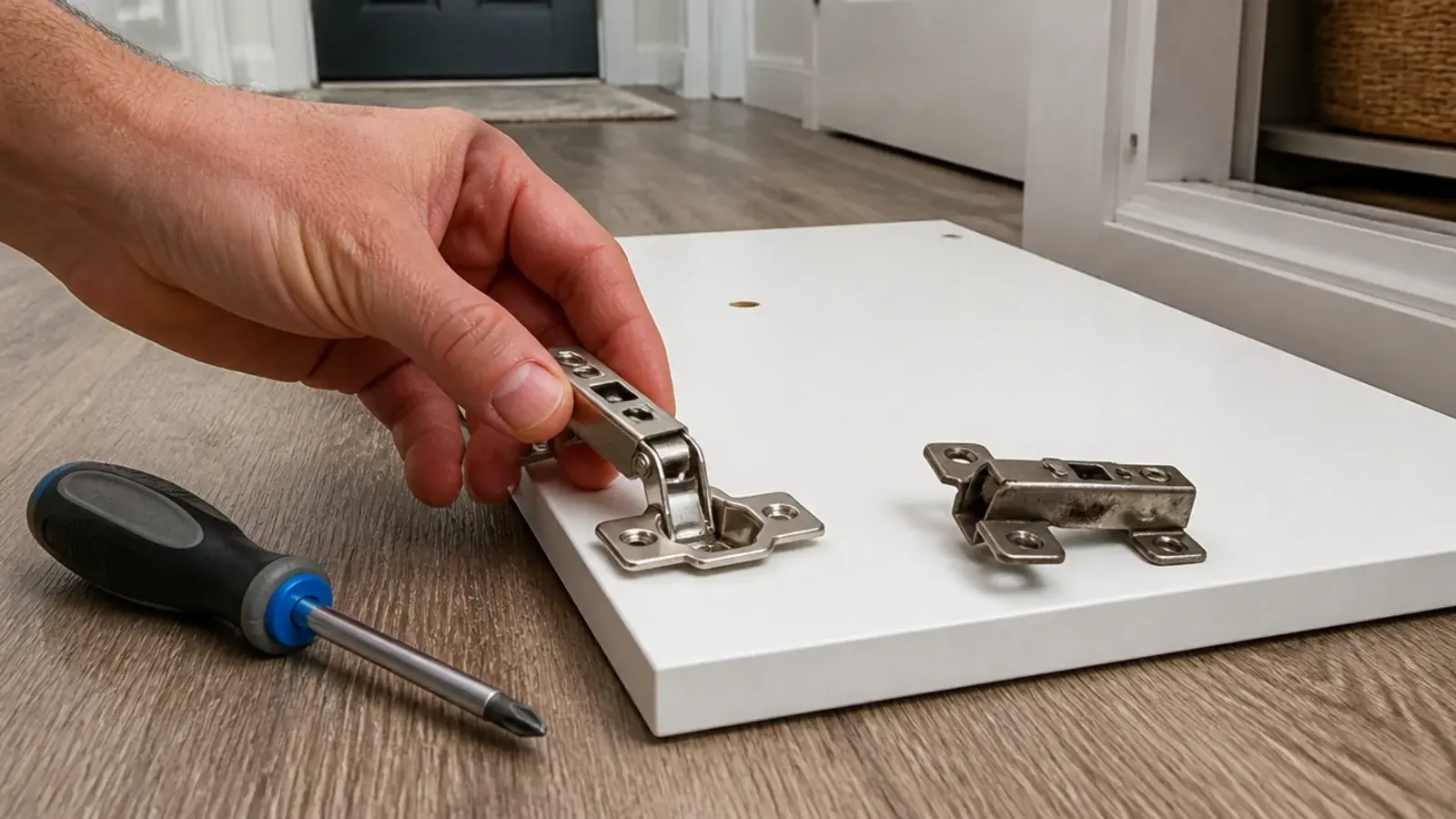 soft close hinge being fitted to a flat pack cabinet door