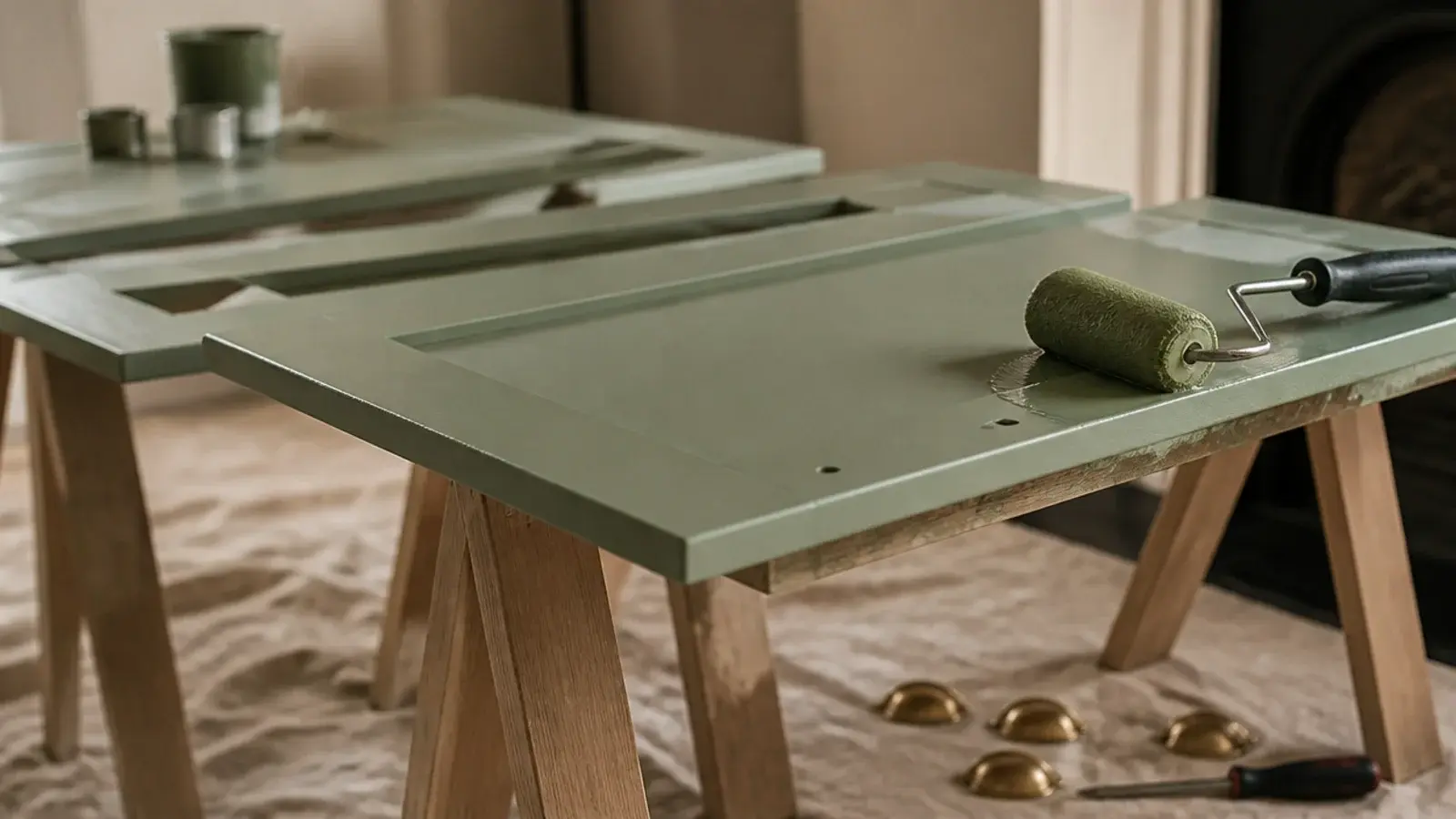 flat pack cabinet fronts being painted in a soft muted colour