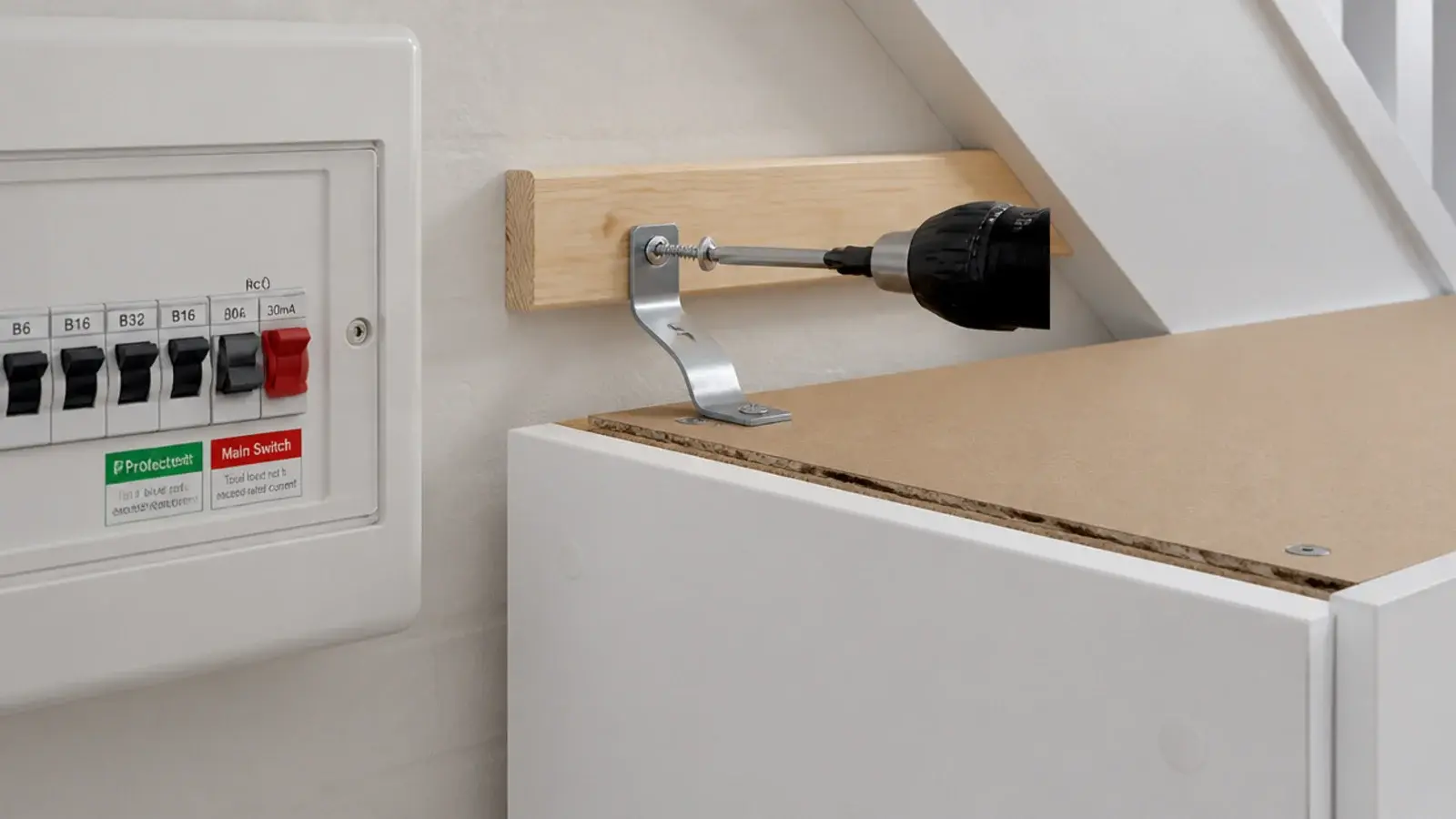 anti tip strap being screwed from a cabinet into a stair wall
