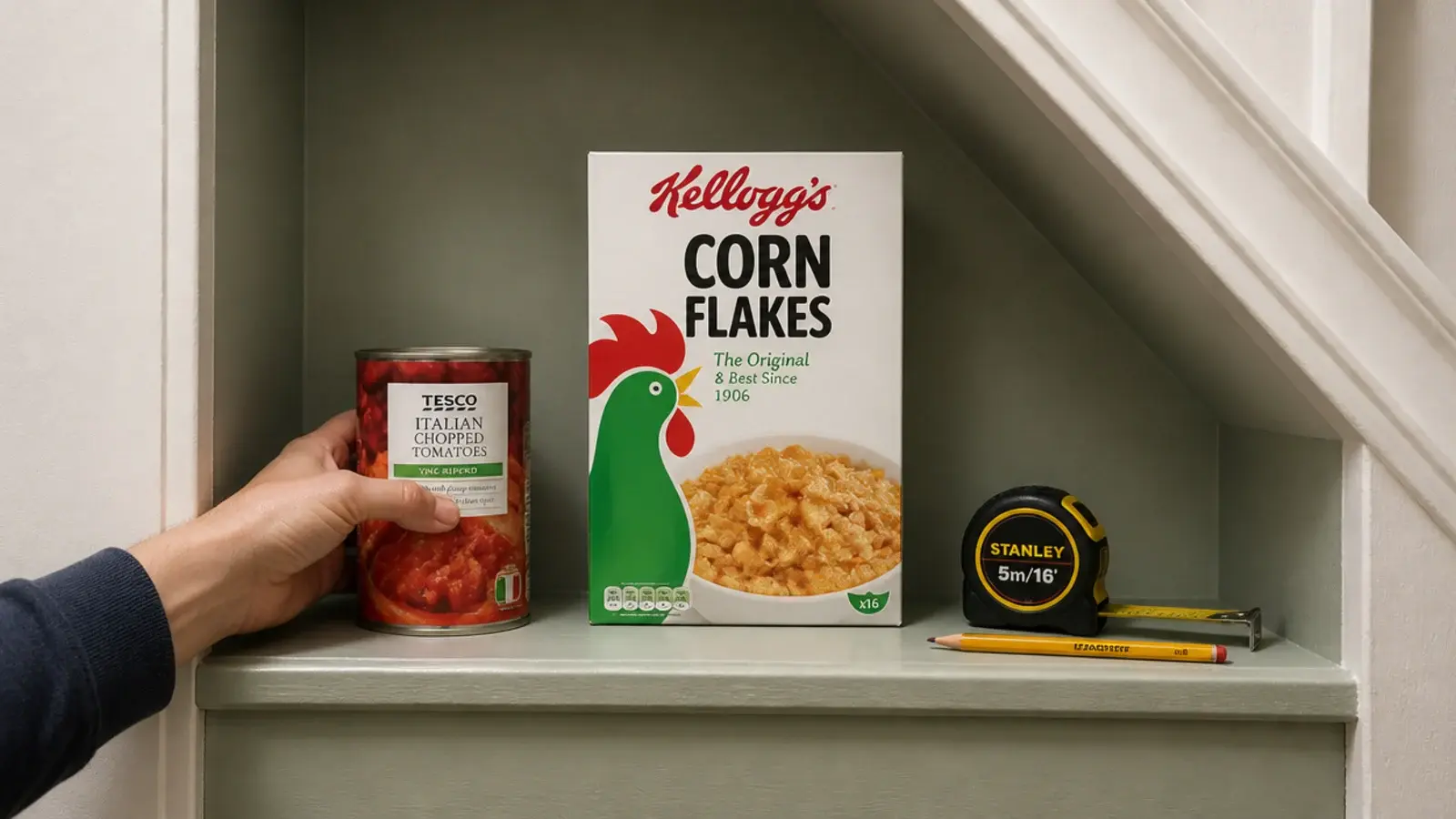tin and cereal box held against a shelf to check the depth