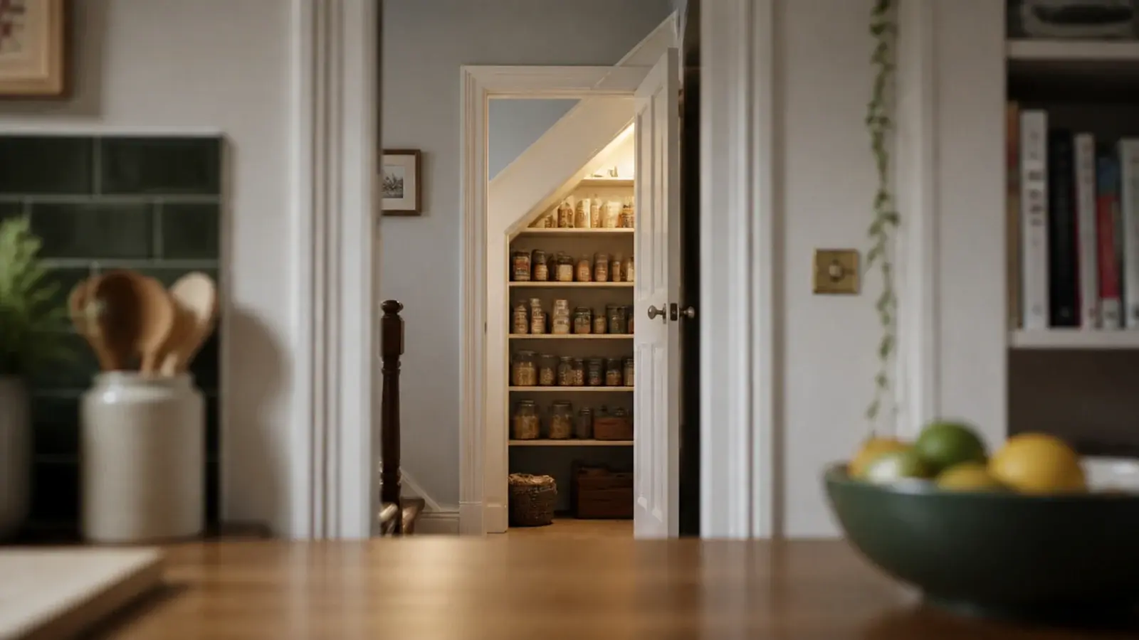 open pantry door seen from a kitchen a few steps away