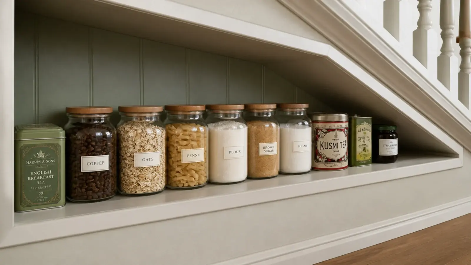 shallow painted pantry shelves holding a single row of jars