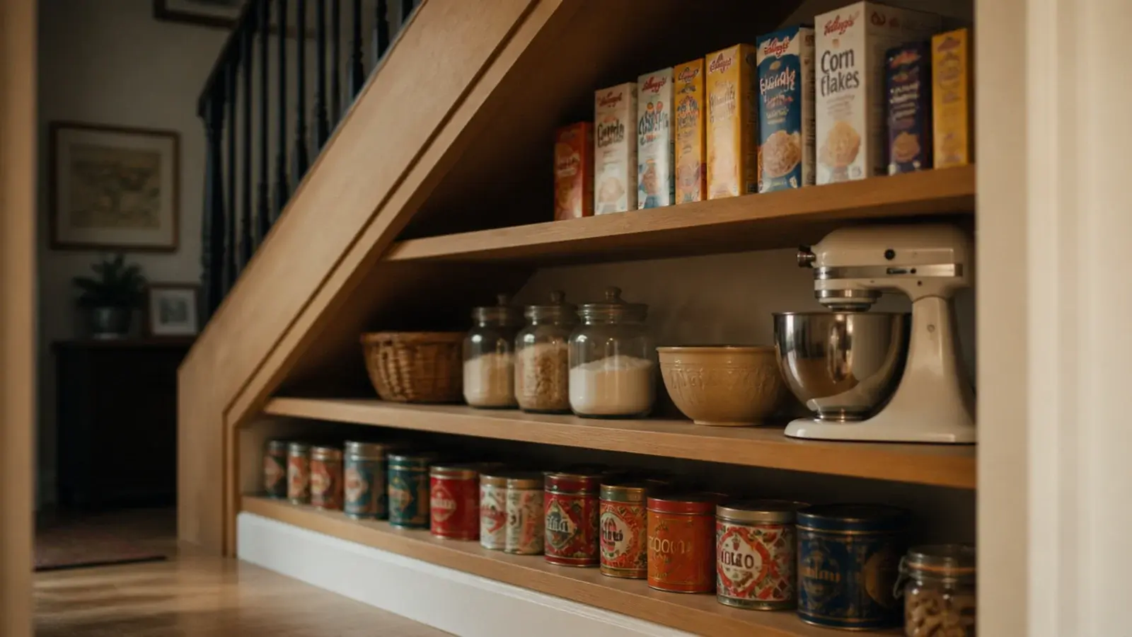 pantry shelves at three different spacings holding tins and boxes