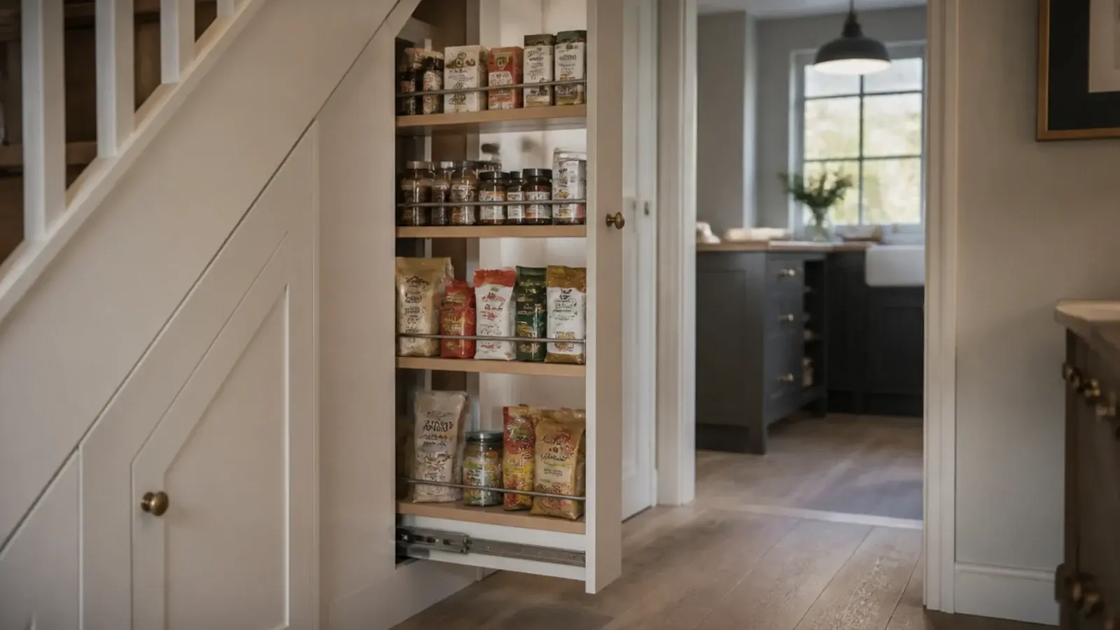 narrow pull-out larder tower drawn out from under a staircase