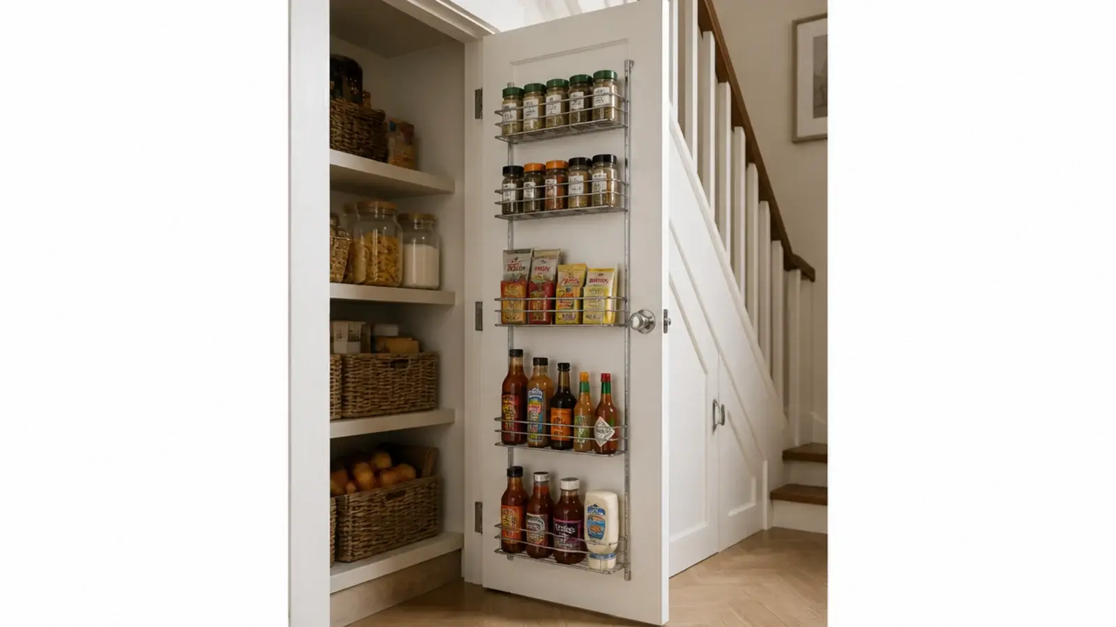 wire rack on a pantry door holding jars packets and spice tins