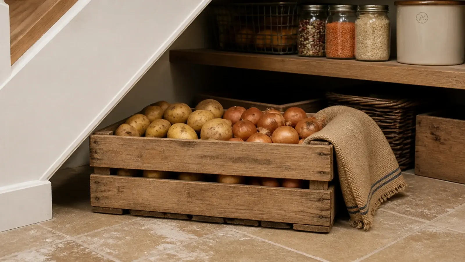 slatted timber crate of potatoes and onions on a pantry floor