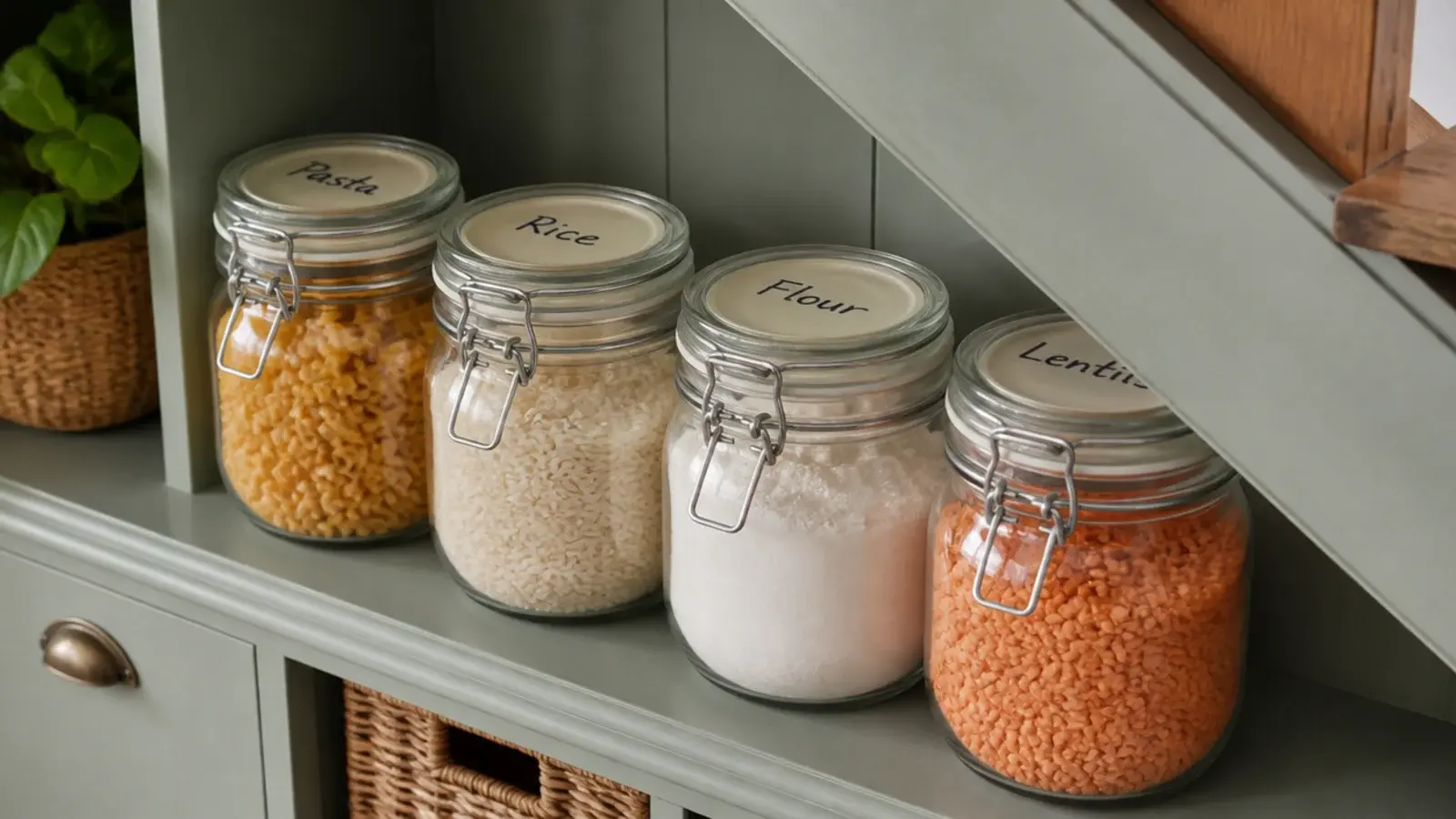 row of matching glass jars of pasta rice and flour on a shelf