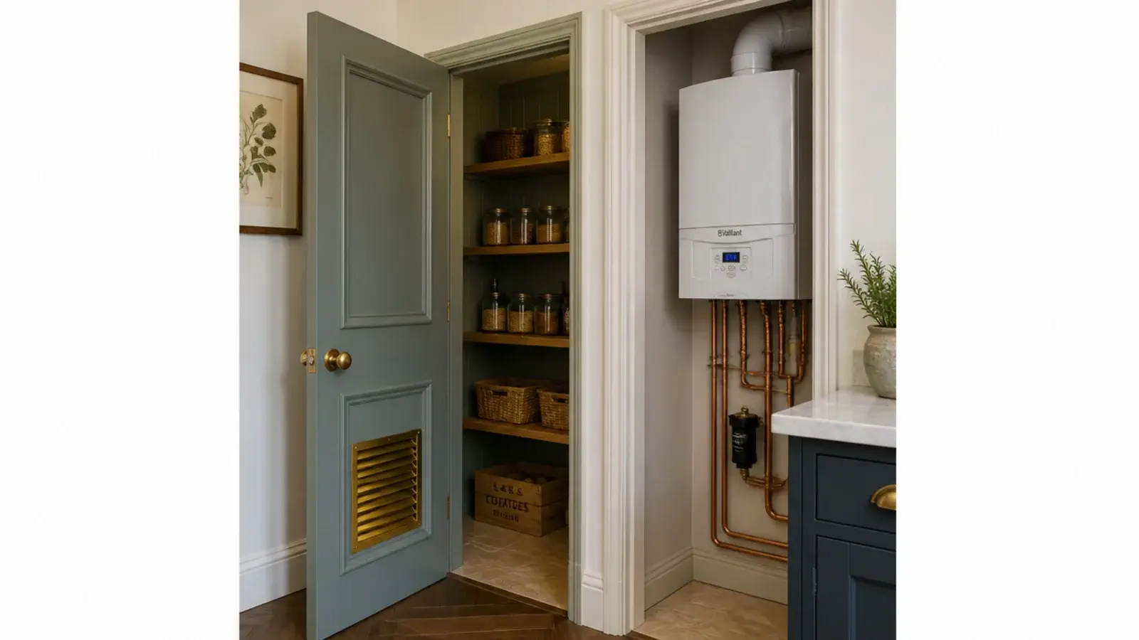 louvred grille in a pantry door with a boiler visible beyond