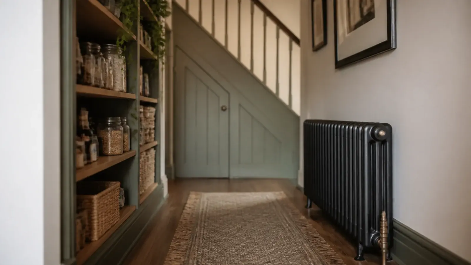pantry shelving positioned away from an exposed hallway radiator
