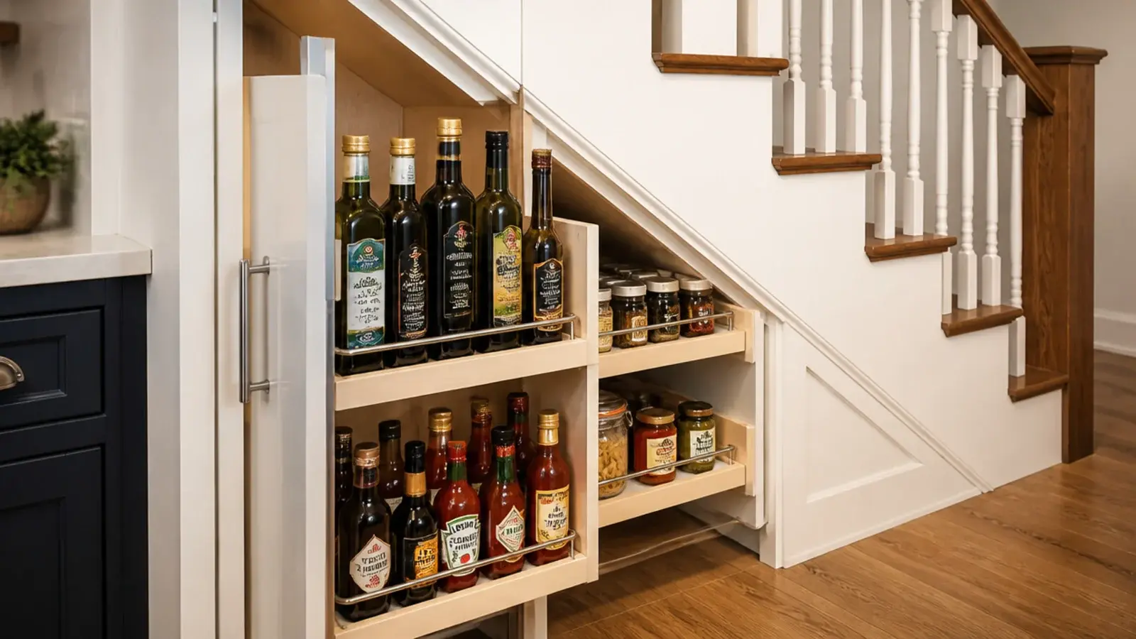 taller pantry bay holding oil bottles and vinegar upright