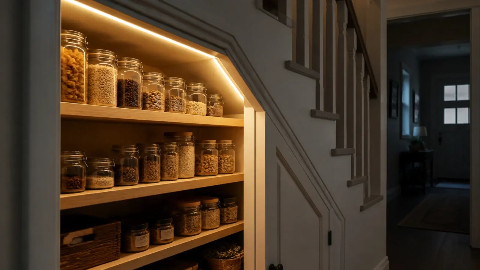warm strip light along the top edge of a pantry opening