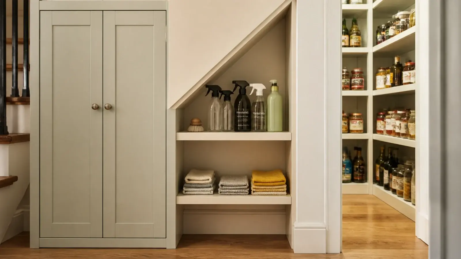 cleaning products stored separately from food in a hallway cupboard