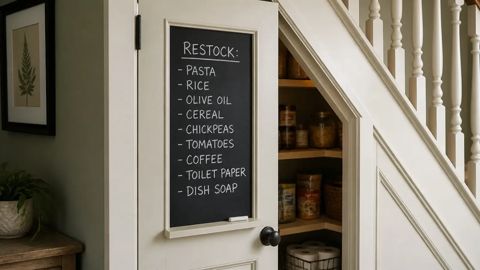 chalkboard panel inside a pantry door listing items to restock