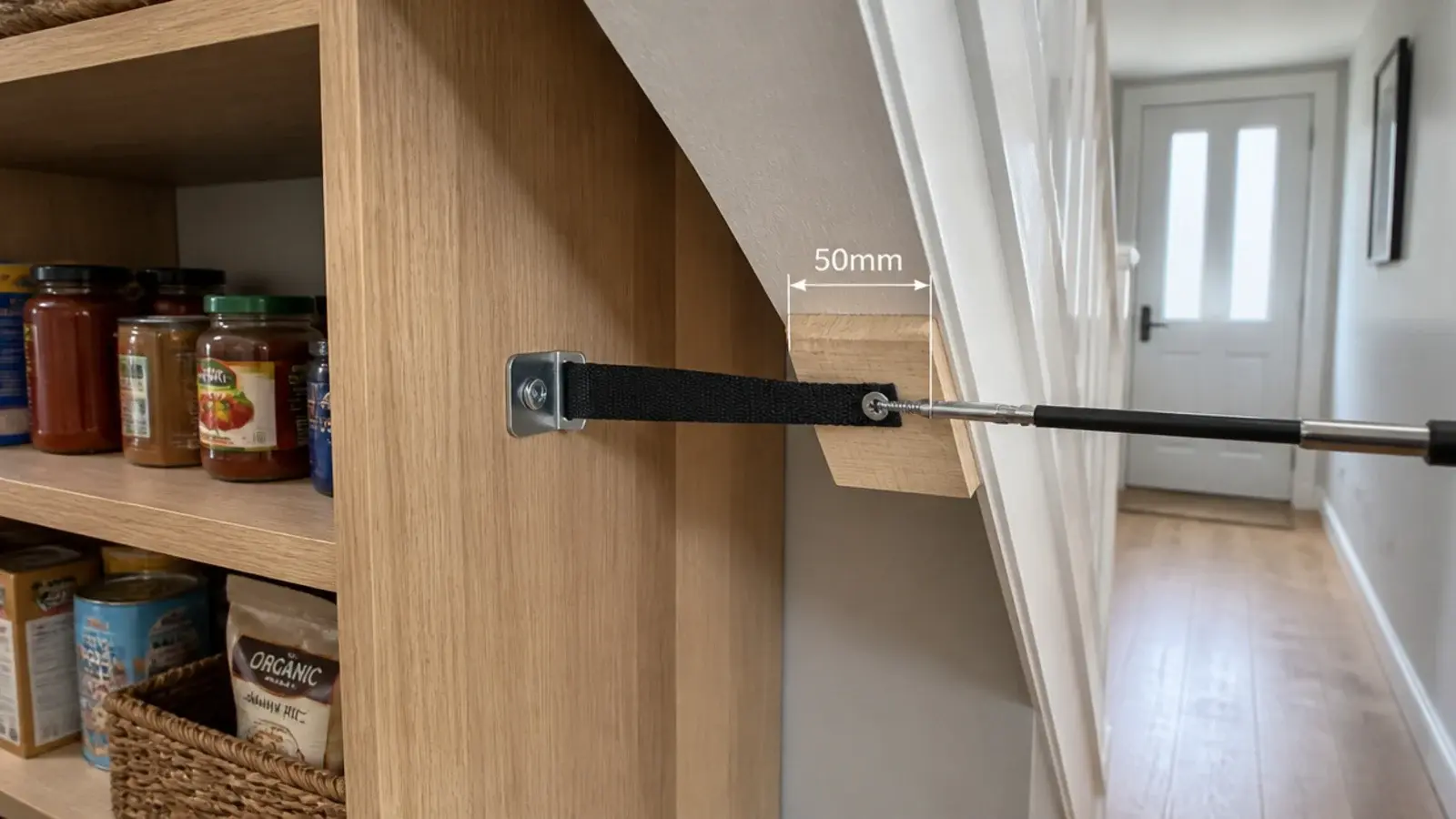 anti tip strap fixed behind pantry shelving under a staircase
