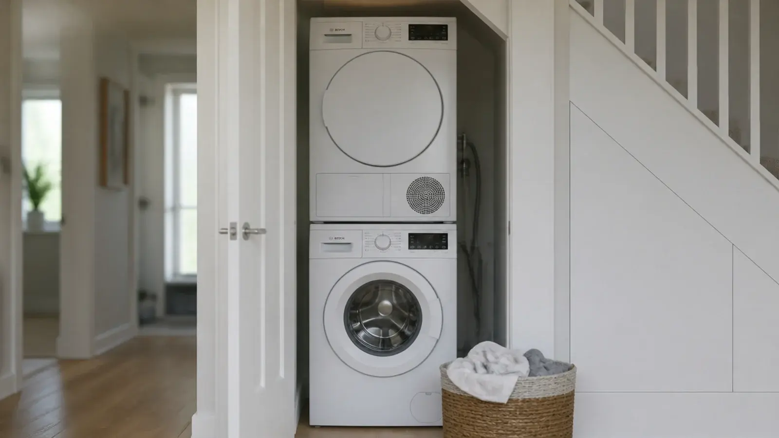 stacked laundry machines fitted into the tallest under stairs bay