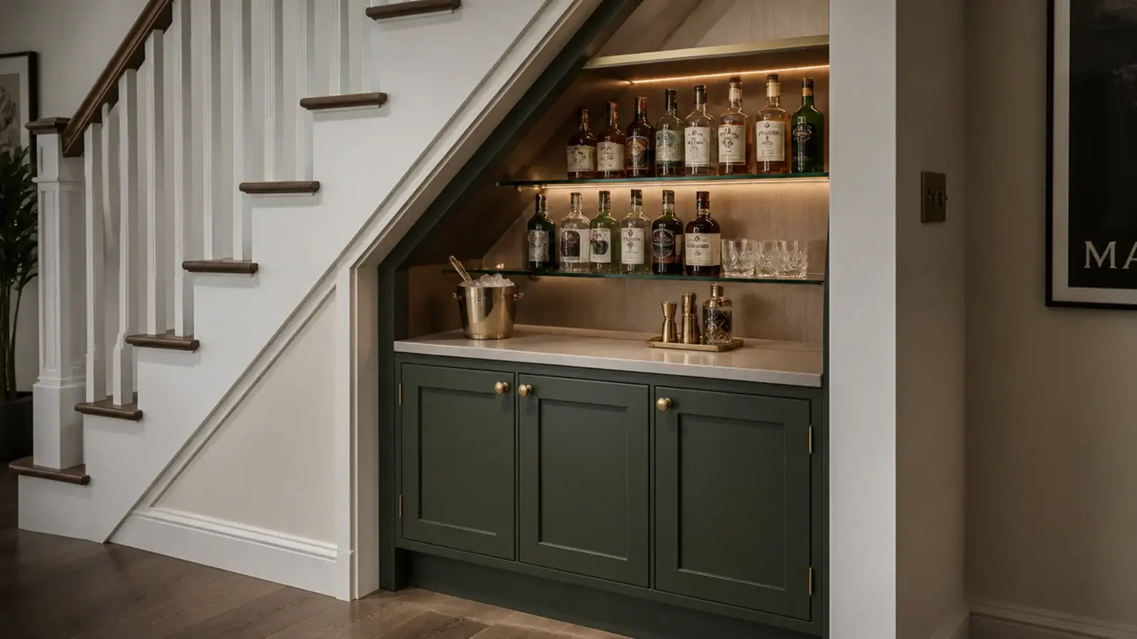 under stairs drinks cabinet with a stone worktop and glass shelving