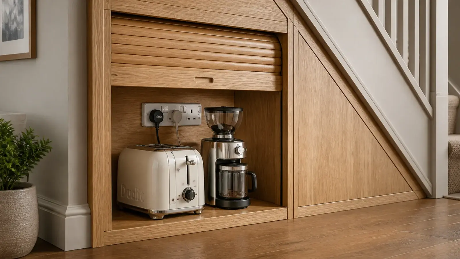 small appliances hidden behind a roll up tambour door under stairs