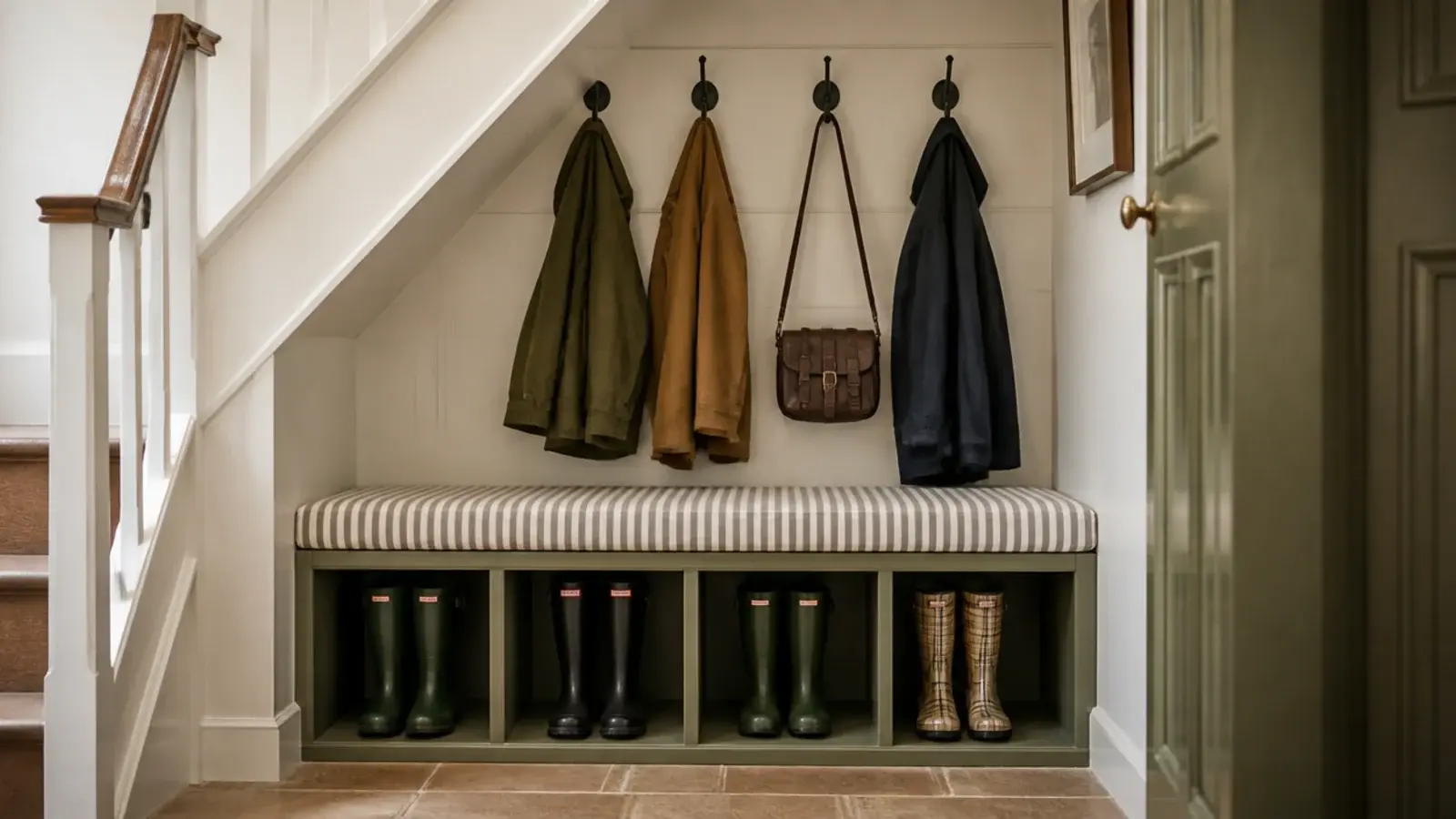 painted boot bench with coat hooks fitted under a staircase