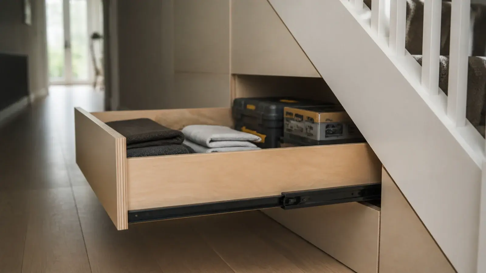 deep timber drawer pulled fully out from under a staircase carcass