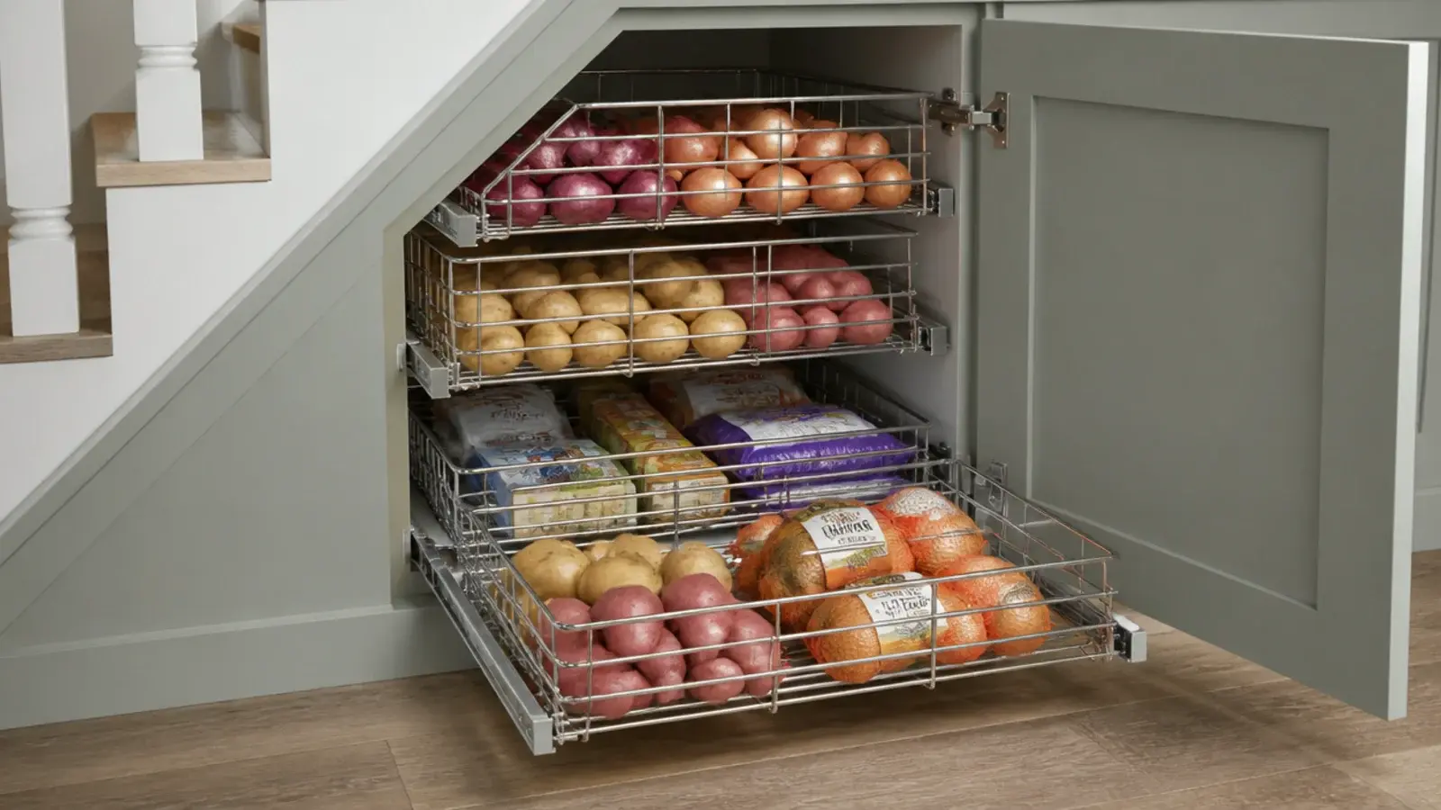 wire baskets stacked on runners inside an under stairs unit