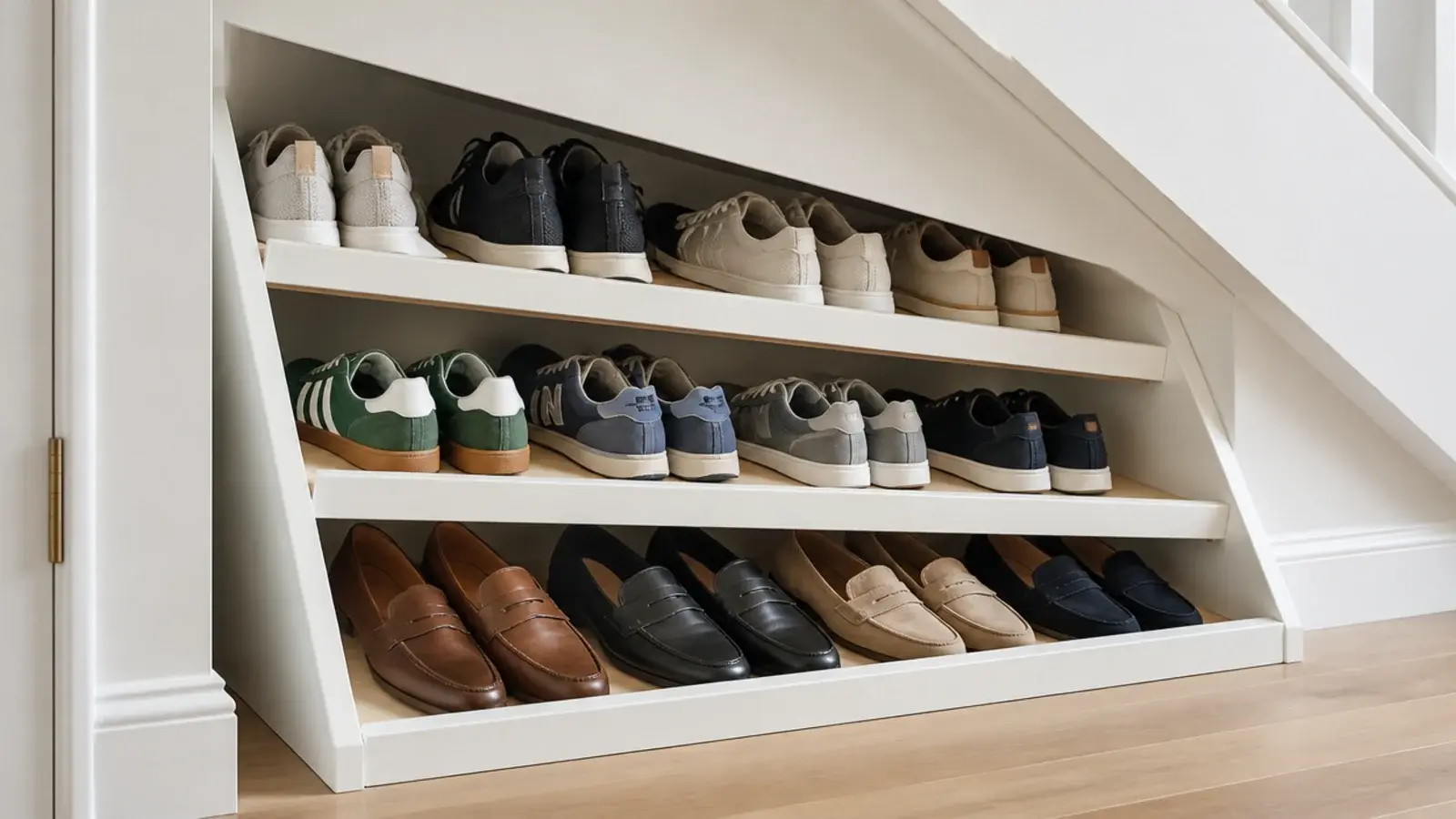 tilted shoe shelves fitted where the stair soffit meets the wall