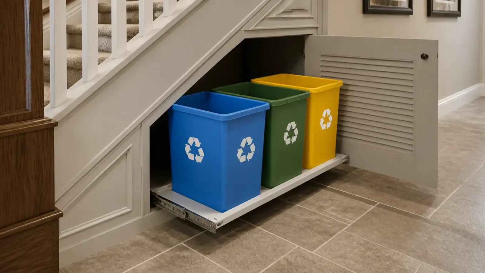 three sorting bins on a pull out frame under a staircase