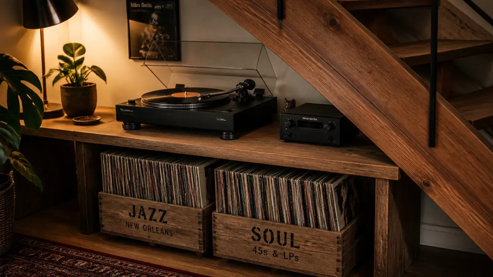 record player and vinyl crates set into a recess beneath a staircase