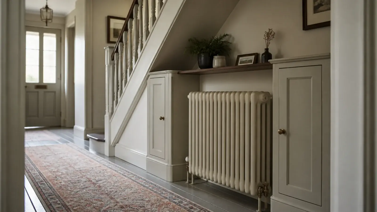 pair of cupboards flanking a hallway radiator beneath a staircase