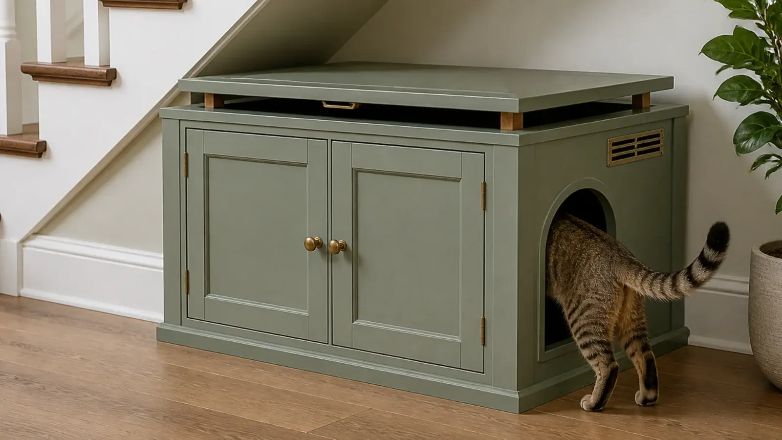 cat entering a discreet cabinet built into an under stairs run