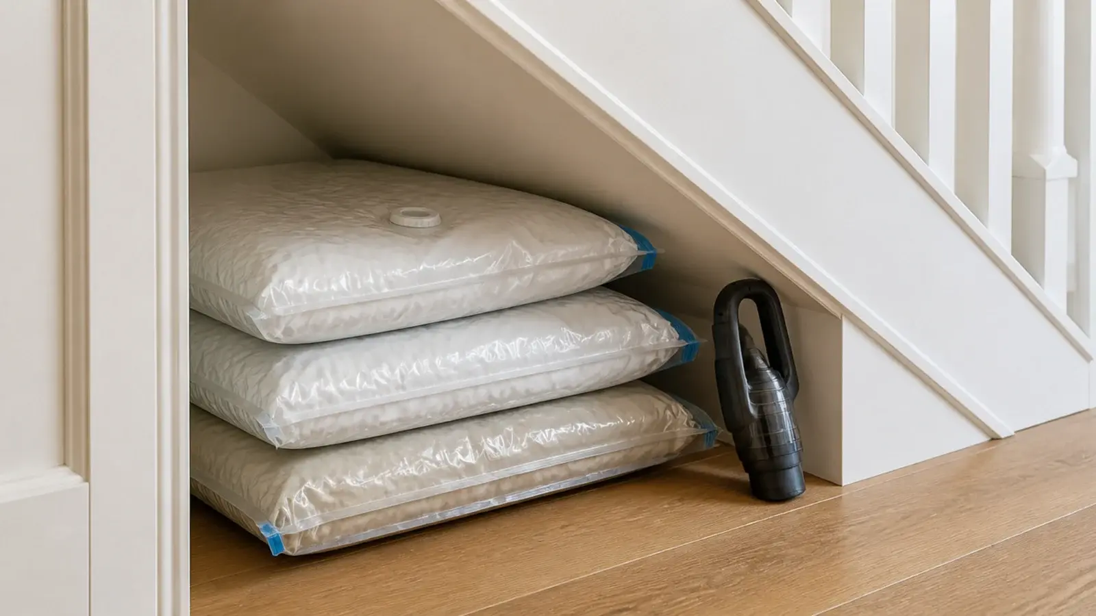 vacuum compressed bedding bags stacked flat in a stair recess