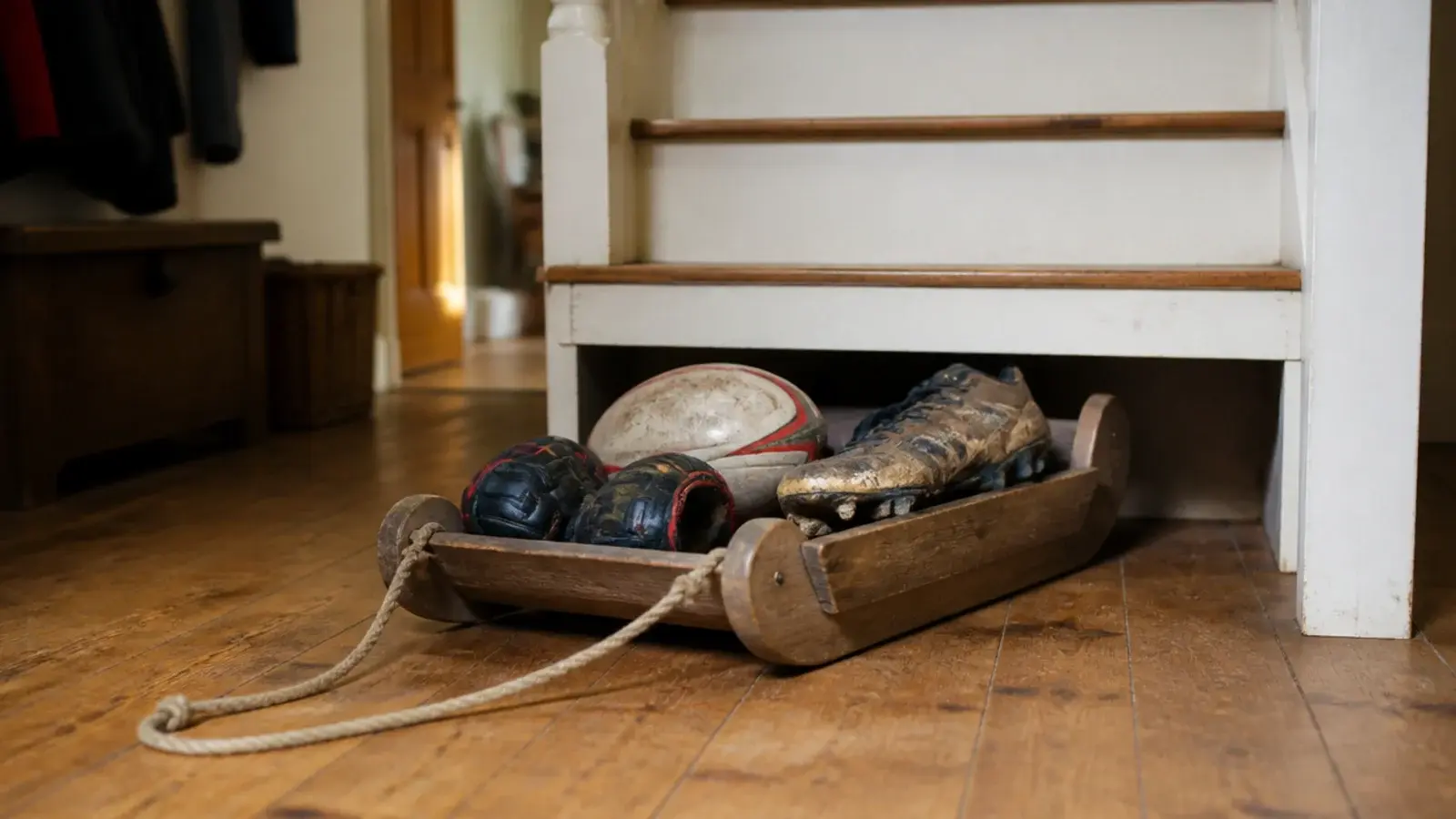 low timber sled loaded with sports gear pulled from under stairs