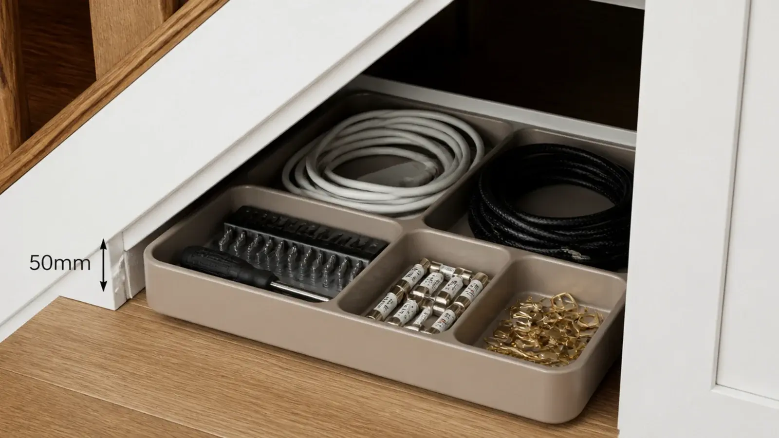 shallow divided tray of cables and hand tools under a staircase